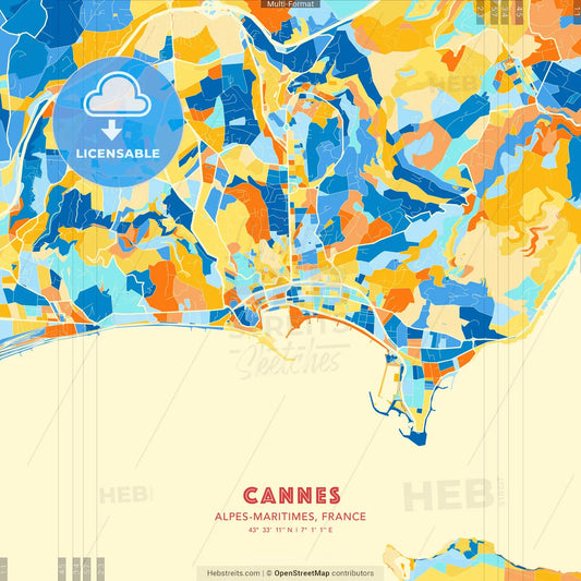 Cannes, Alpes-Maritimes, France blue and orange vector art map template