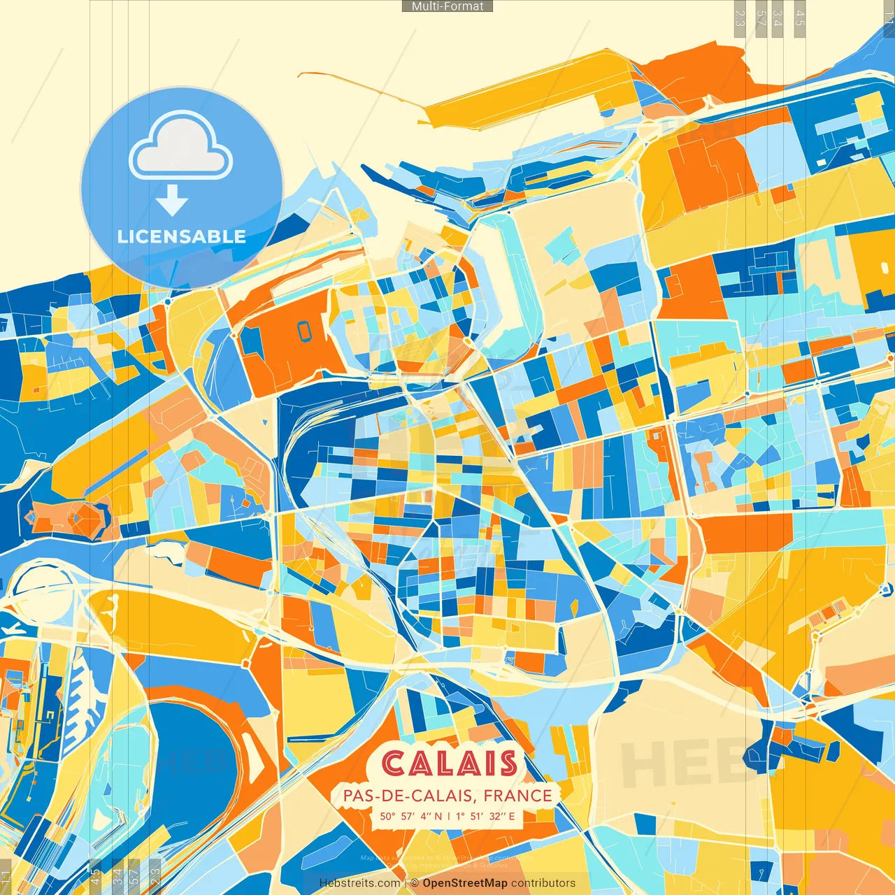 Calais, Pas-de-Calais, France blue and orange vector art map template