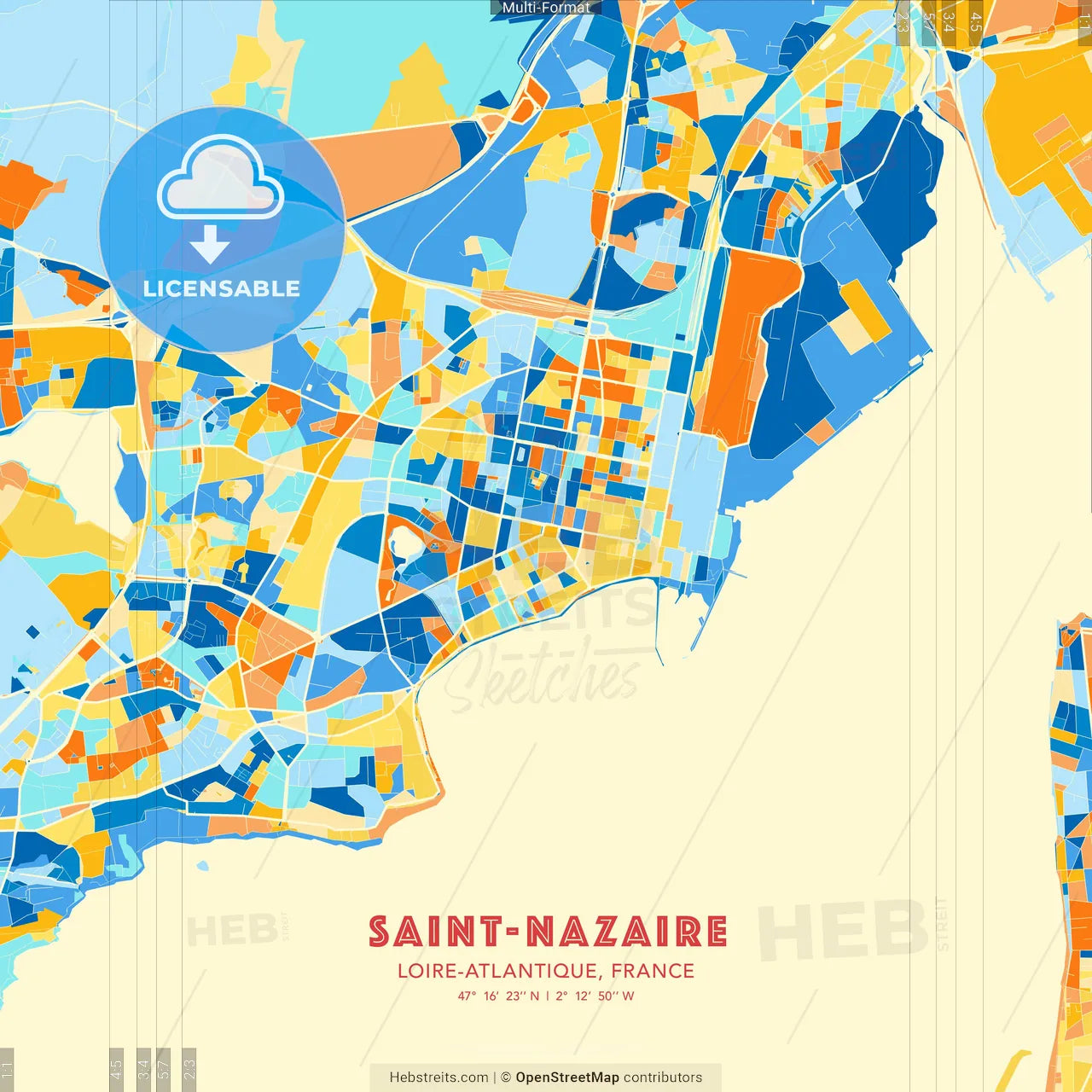 Saint-Nazaire, Loire-Atlantique, France blue and orange vector art map template