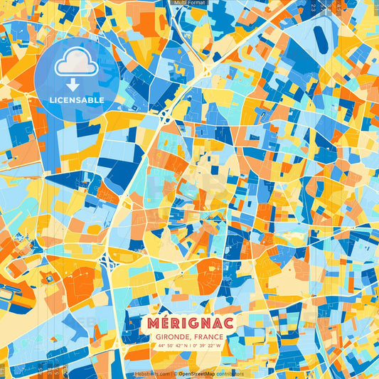 Mérignac, Gironde, France blue and orange vector art map template