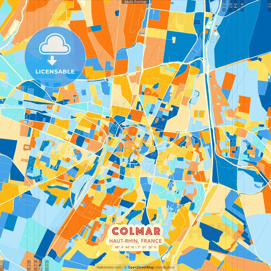 Colmar, Haut-Rhin, France blue and orange vector art map template