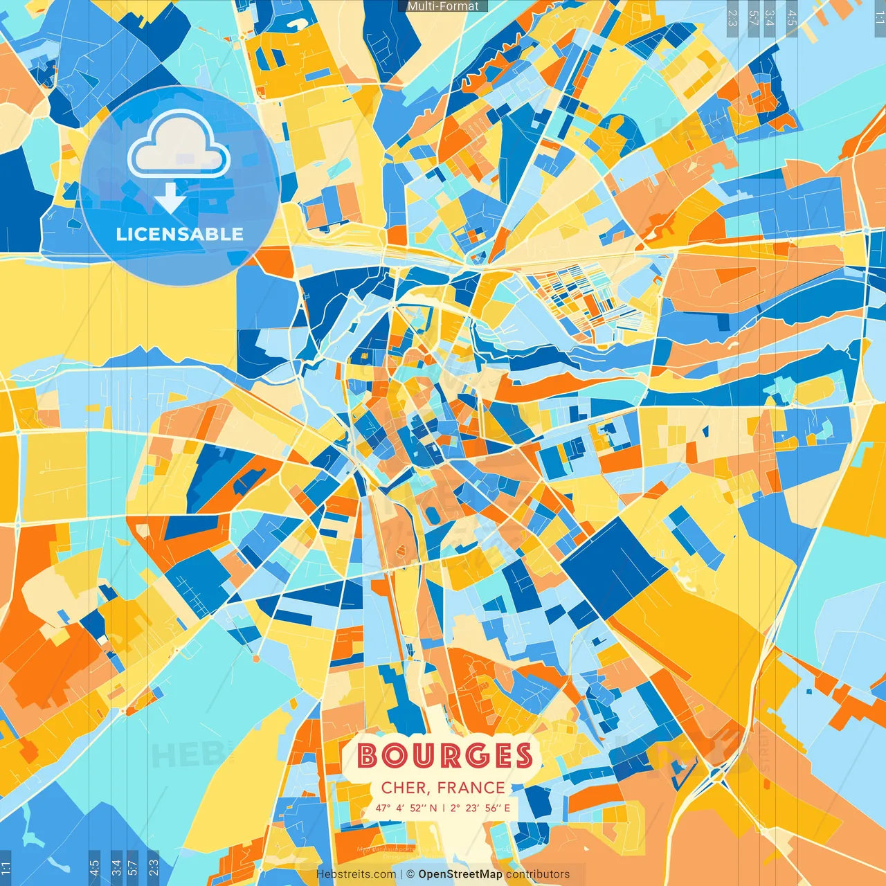 Bourges, Cher, France blue and orange vector art map template