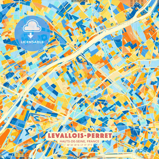 Levallois-Perret, Hauts-de-Seine, France blue and orange vector art map template