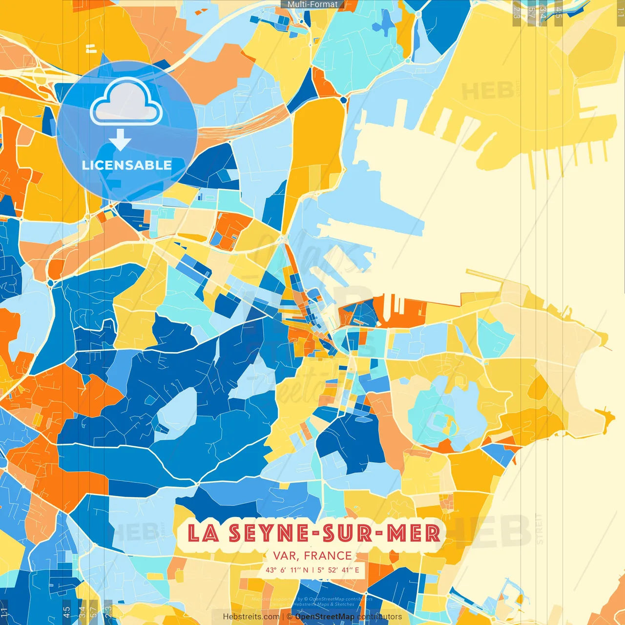 La Seyne-sur-Mer, Var, France blue and orange vector art map template