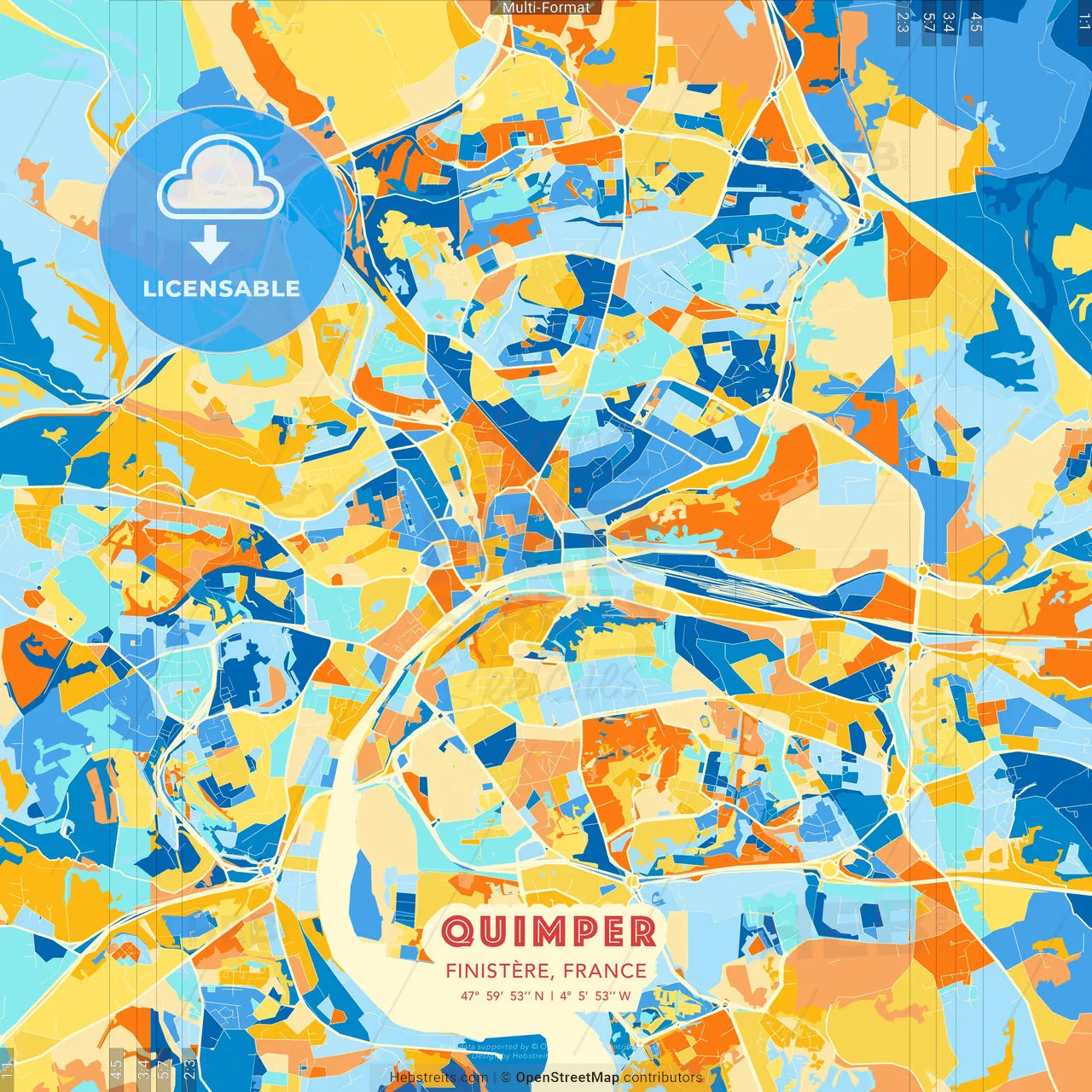 Quimper, Finistère, France blue and orange vector art map template