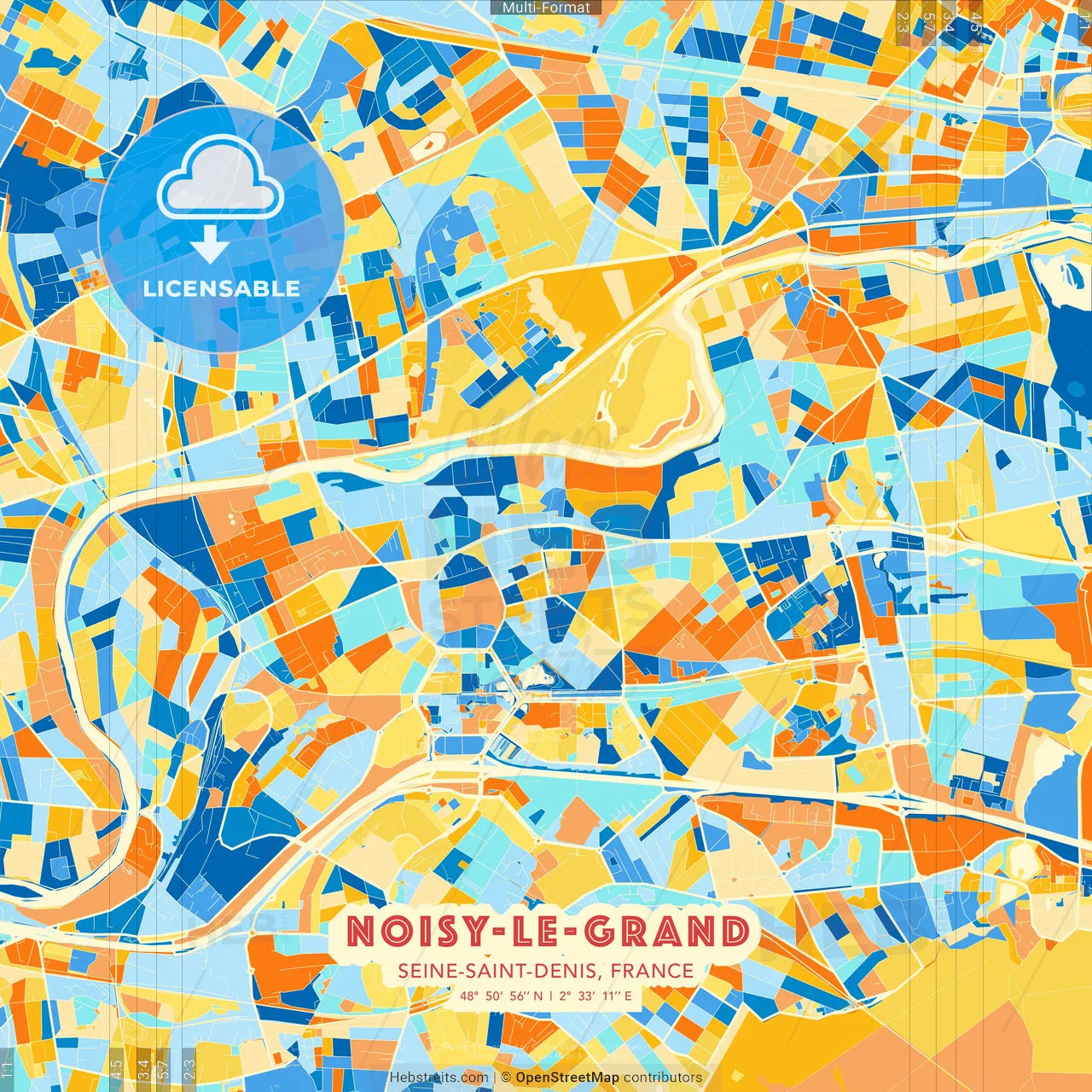 Noisy-le-Grand, Seine-Saint-Denis, France blue and orange vector art map template