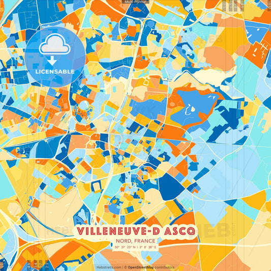 Villeneuve-d Ascq, Nord, France blue and orange vector art map template