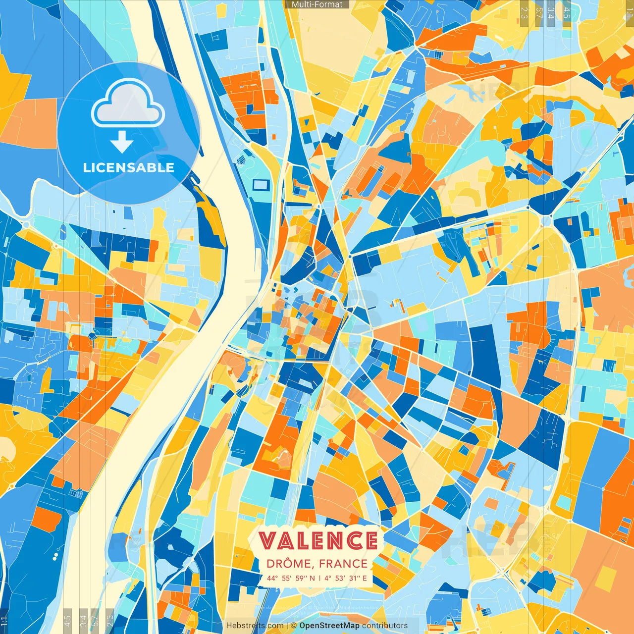 Valence, Drôme, France blue and orange vector art map template