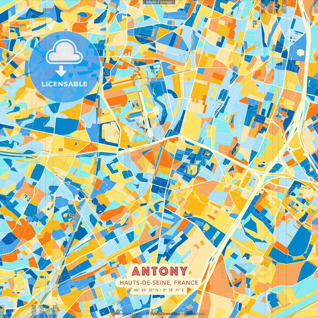 Antony, Hauts-de-Seine, France blue and orange vector art map template