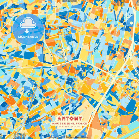 Antony, Hauts-de-Seine, France blue and orange vector art map template