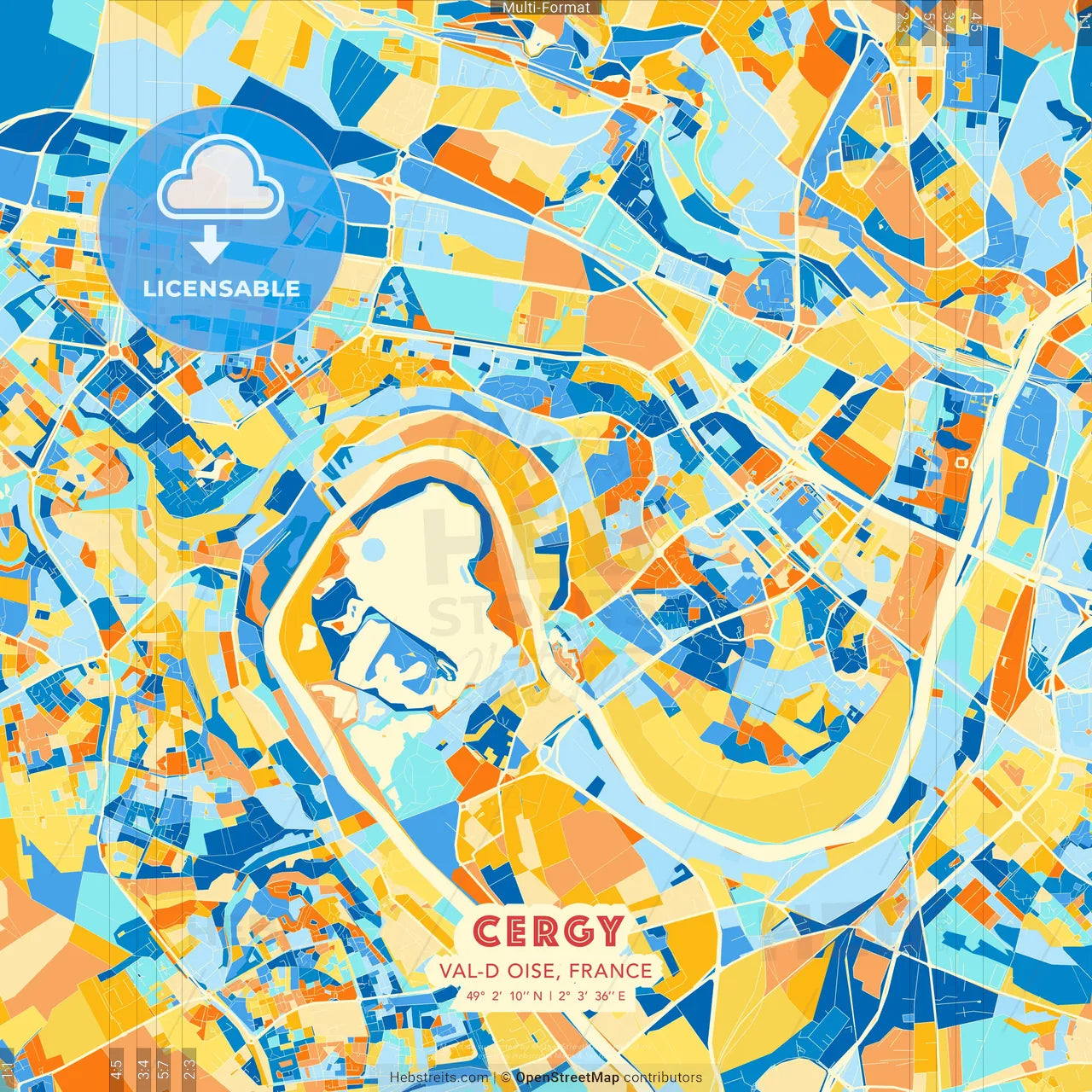 Cergy, Val-d Oise, France blue and orange vector art map template