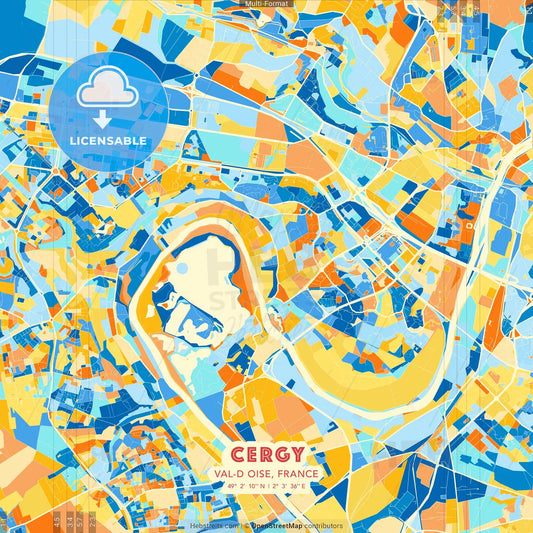 Cergy, Val-d Oise, France blue and orange vector art map template