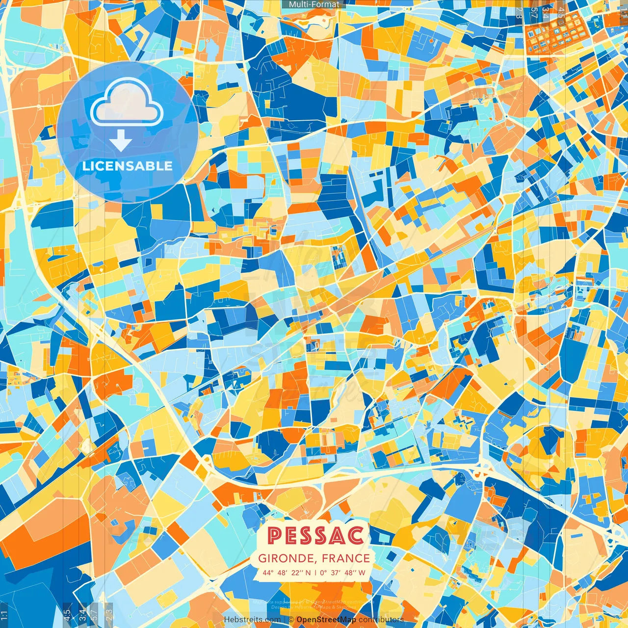 Pessac, Gironde, France blue and orange vector art map template