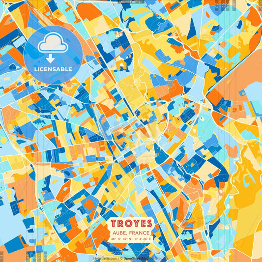 Troyes, Aube, France blue and orange vector art map template