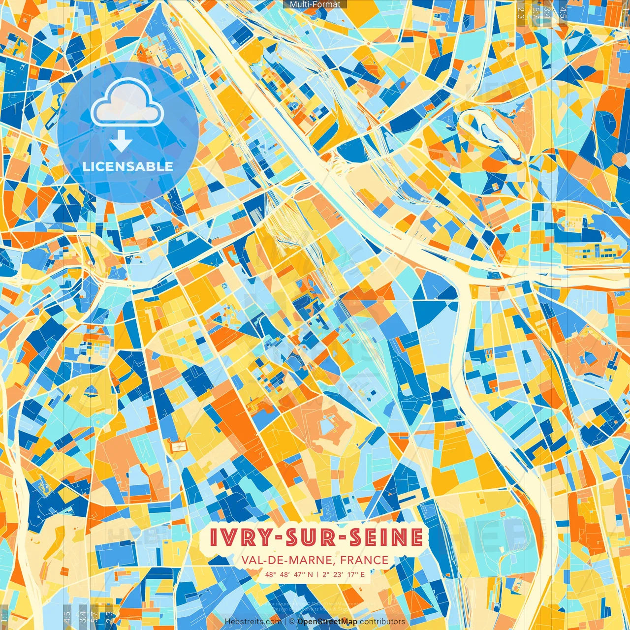 Ivry-sur-Seine, Val-de-Marne, France blue and orange vector art map template