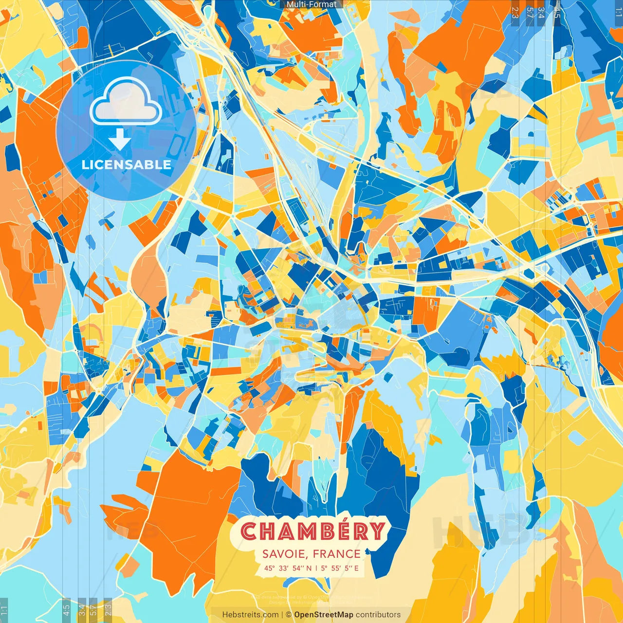 Chambéry, Savoie, France blue and orange vector art map template