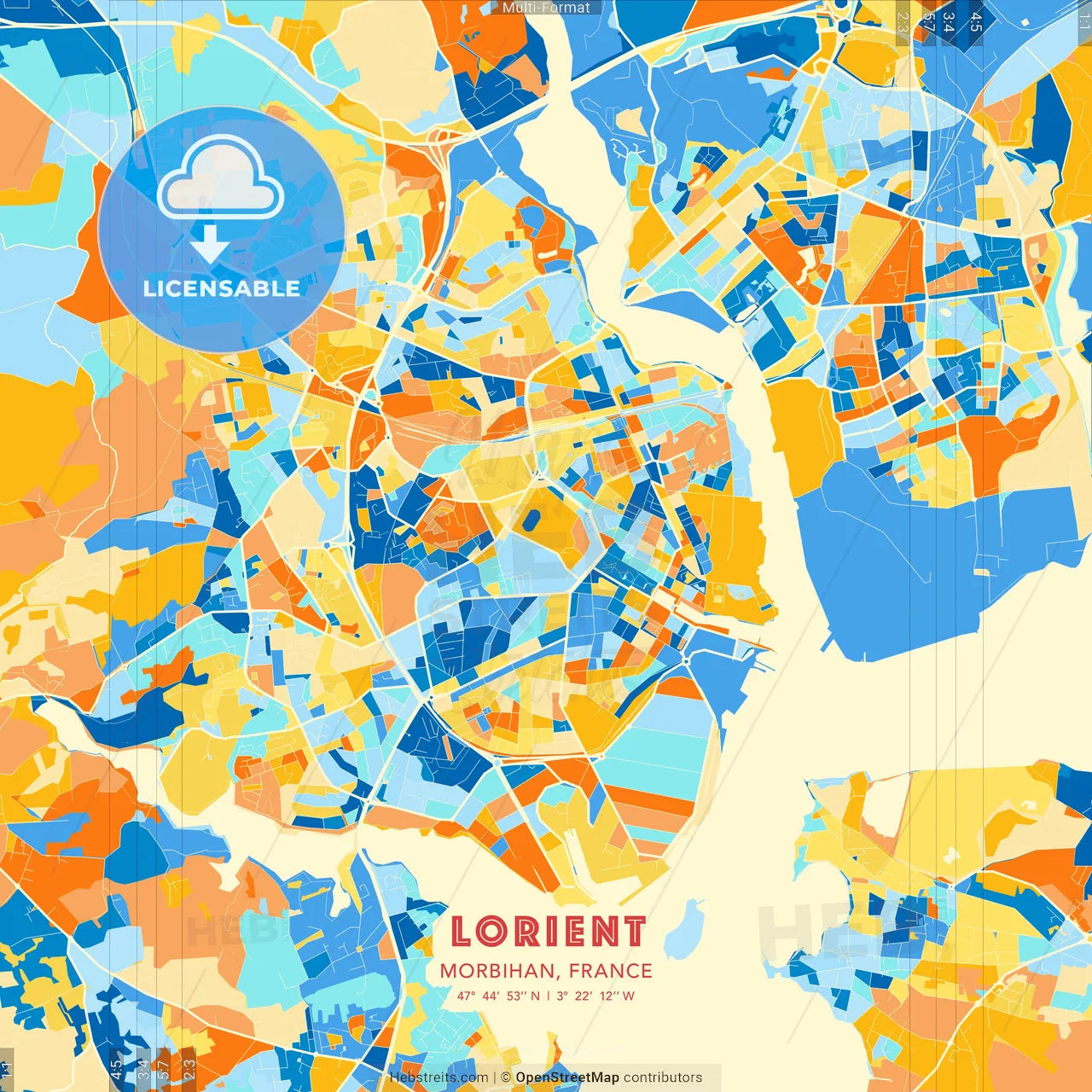 Lorient, Morbihan, France blue and orange vector art map template