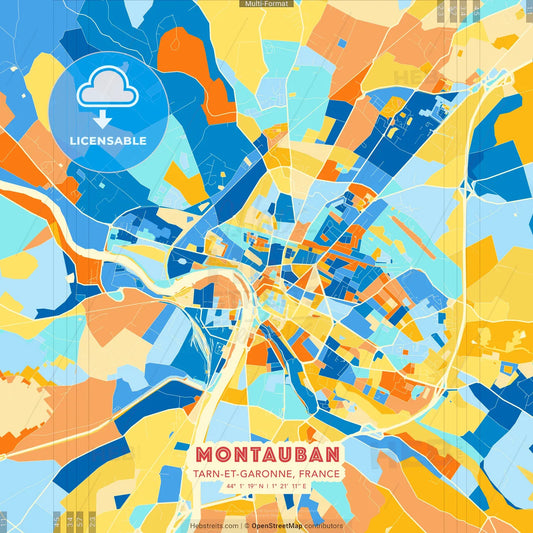 Montauban, Tarn-et-Garonne, France blue and orange vector art map template