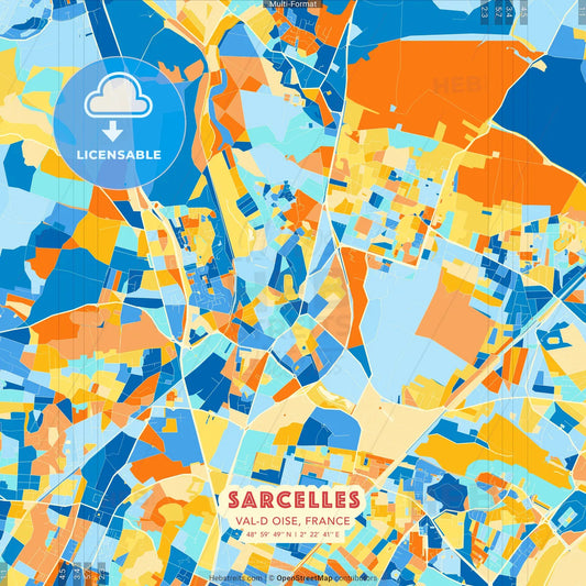 Sarcelles, Val-d Oise, France blue and orange vector art map template