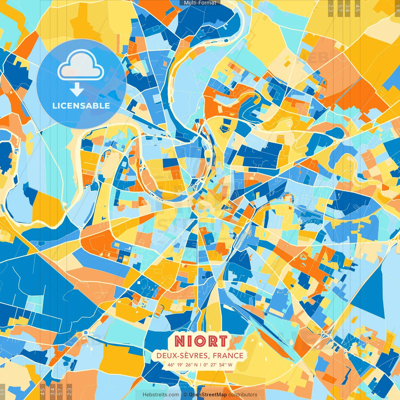 Niort, Deux-Sèvres, France blue and orange vector art map template