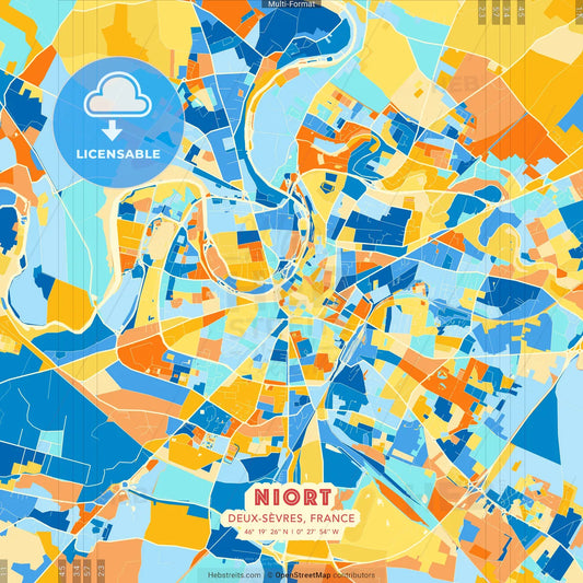Niort, Deux-Sèvres, France blue and orange vector art map template