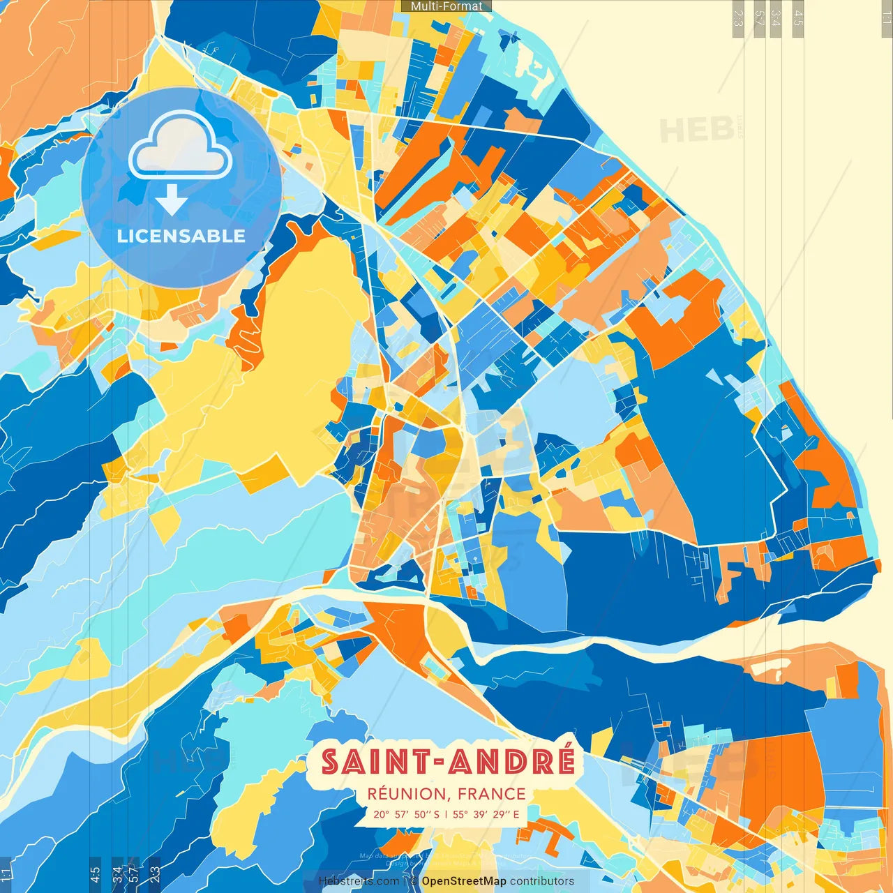 Saint-André, Réunion, France blue and orange vector art map template