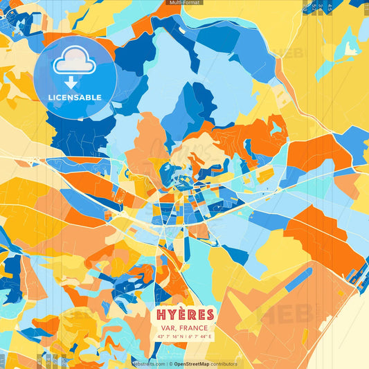 Hyères, Var, France blue and orange vector art map template