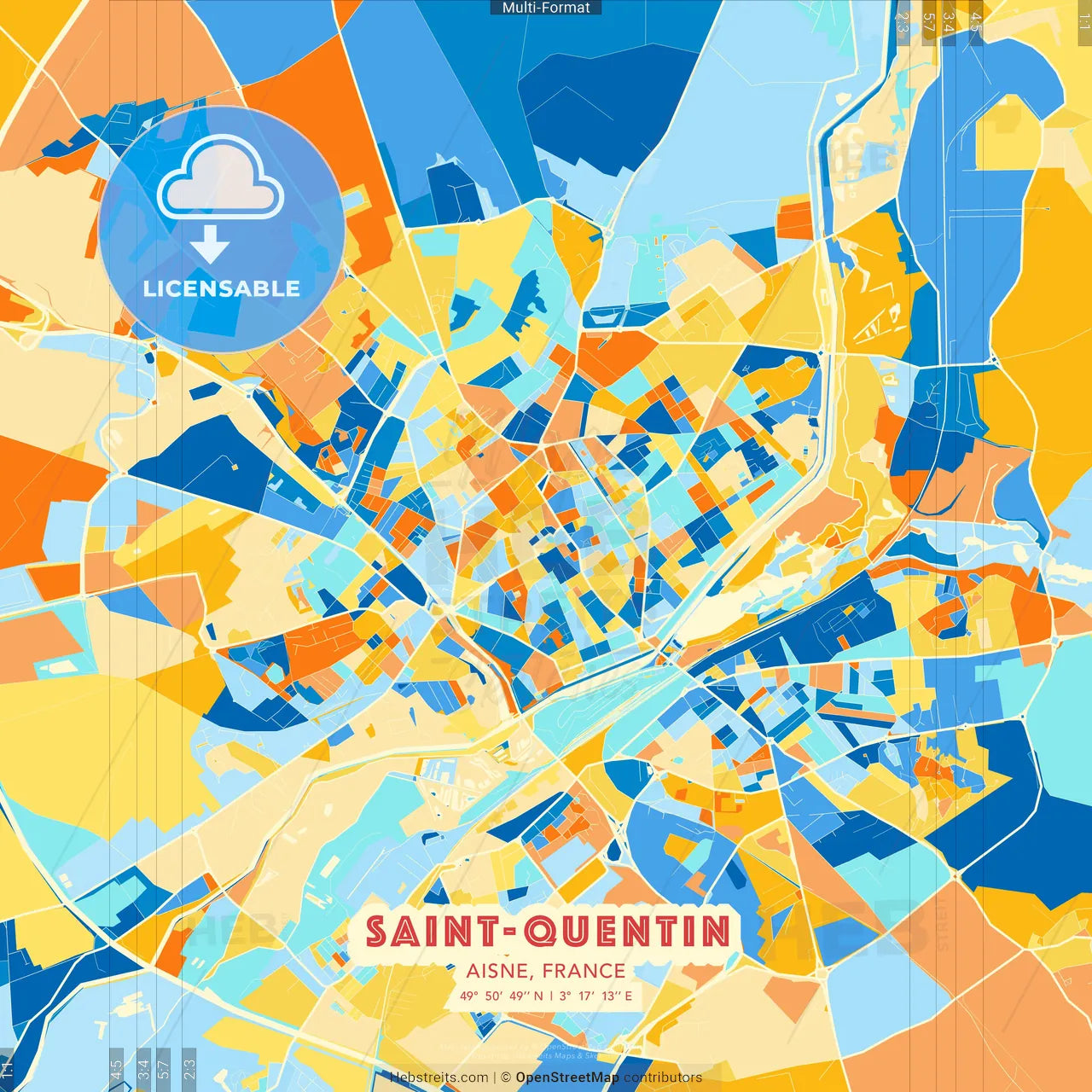 Saint-Quentin, Aisne, France blue and orange vector art map template