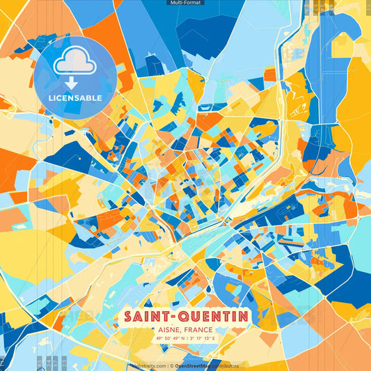 Saint-Quentin, Aisne, France blue and orange vector art map template