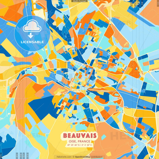 Beauvais, Oise, France blue and orange vector art map template