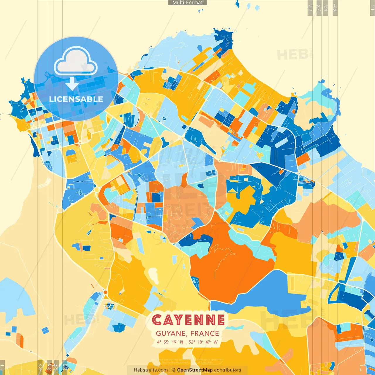 Cayenne, Guyane, France blue and orange vector art map template