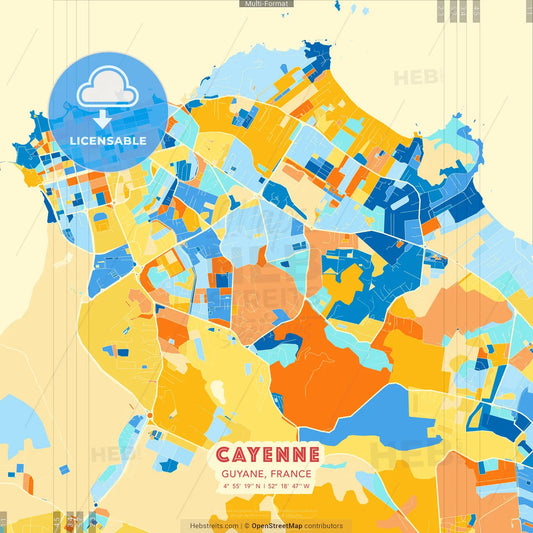 Cayenne, Guyane, France blue and orange vector art map template