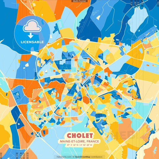 Cholet, Maine-et-Loire, France blue and orange vector art map template