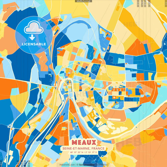 Meaux, Seine-et-Marne, France blue and orange vector art map template