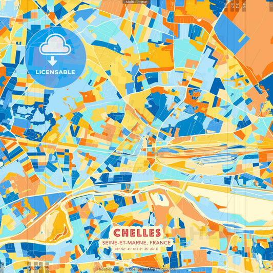 Chelles, Seine-et-Marne, France blue and orange vector art map template