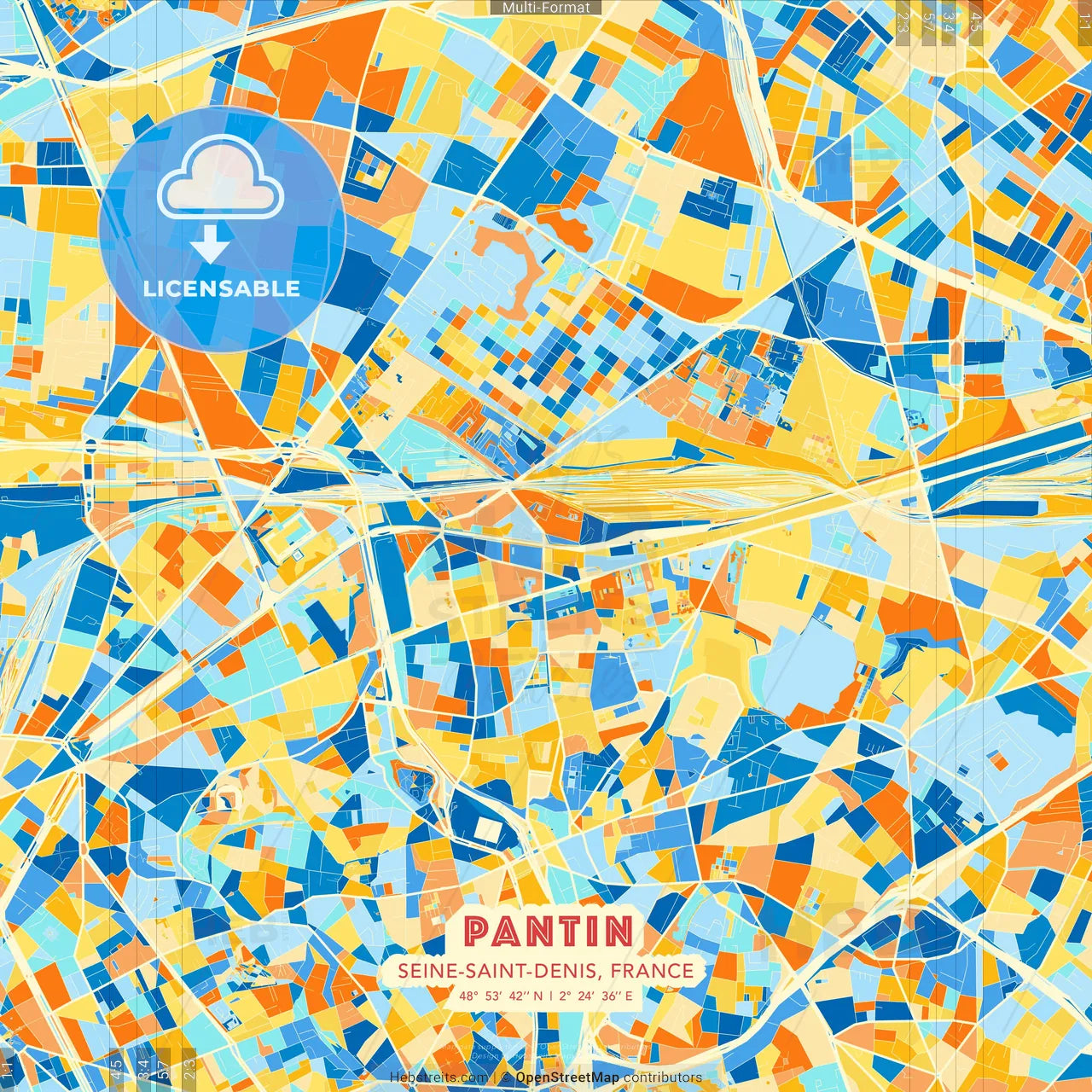 Pantin, Seine-Saint-Denis, France blue and orange vector art map template