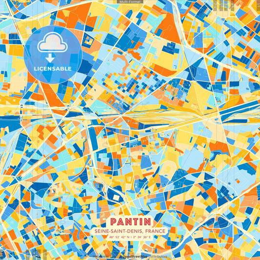 Pantin, Seine-Saint-Denis, France blue and orange vector art map template