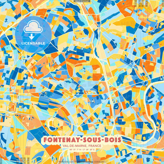 Fontenay-sous-Bois, Val-de-Marne, France blue and orange vector art map template