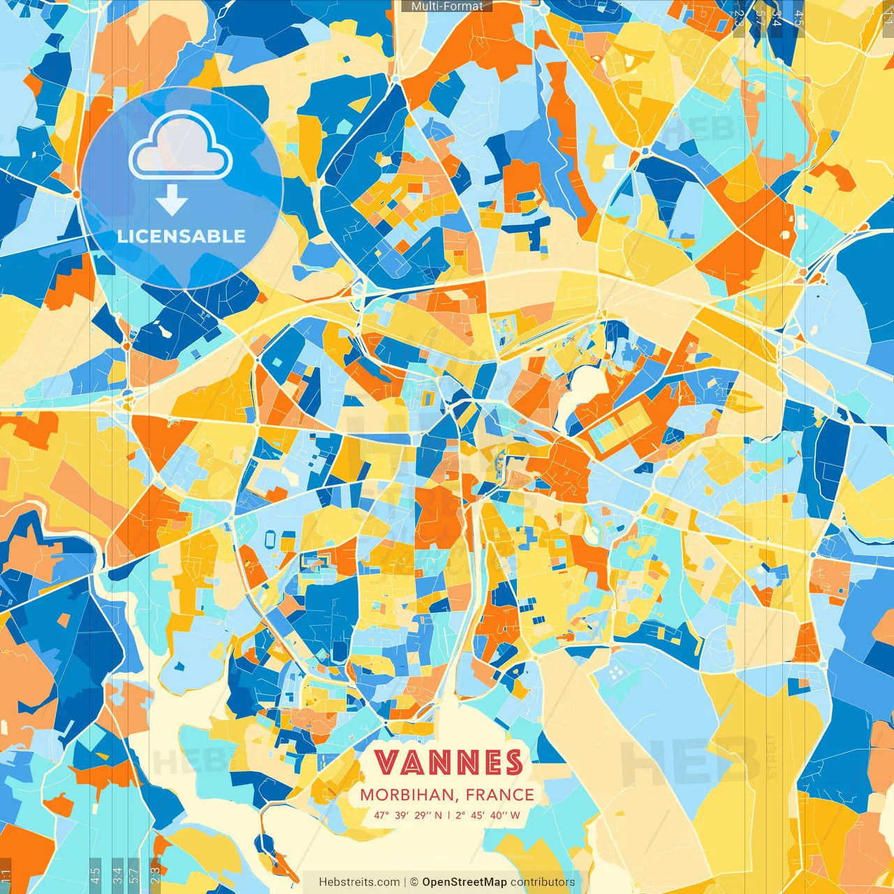 Vannes, Morbihan, France blue and orange vector art map template