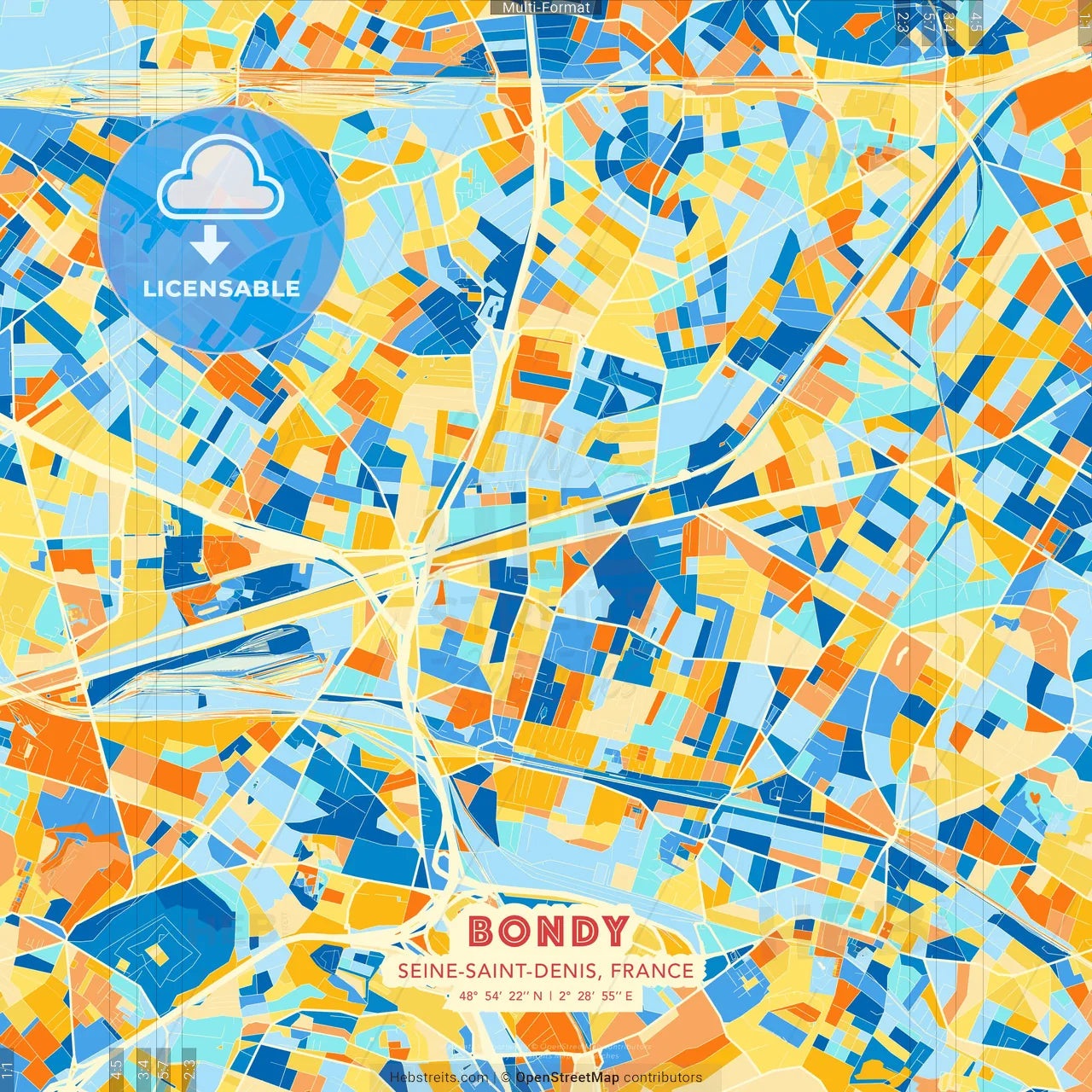 Bondy, Seine-Saint-Denis, France blue and orange vector art map template