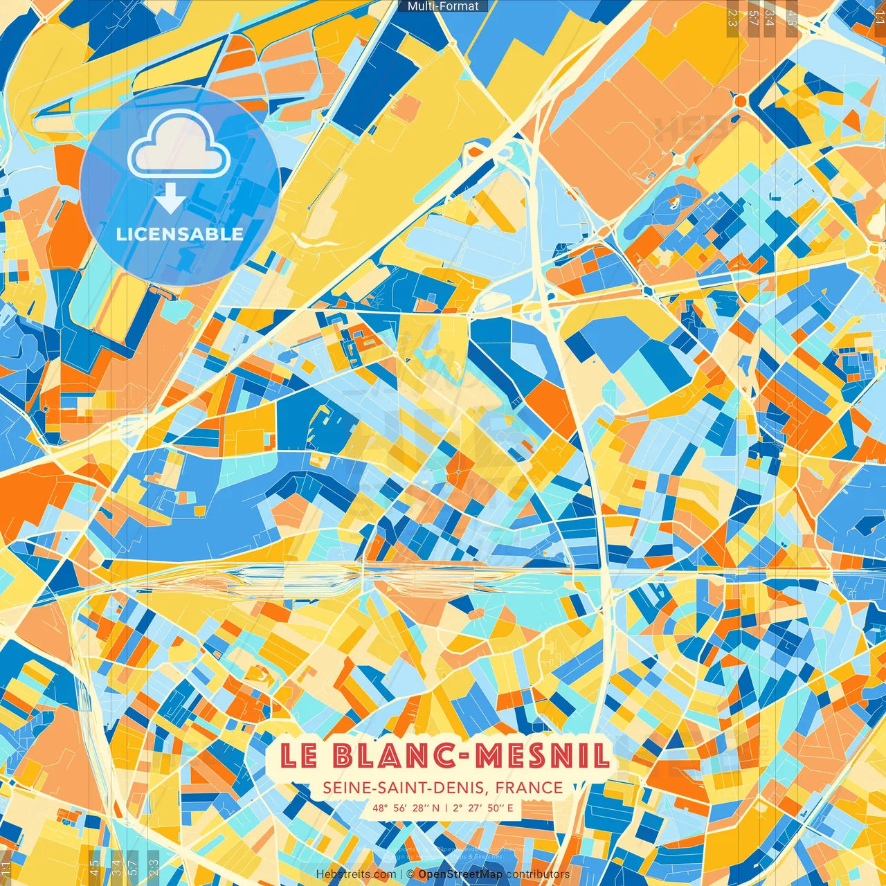 Le Blanc-Mesnil, Seine-Saint-Denis, France blue and orange vector art map template