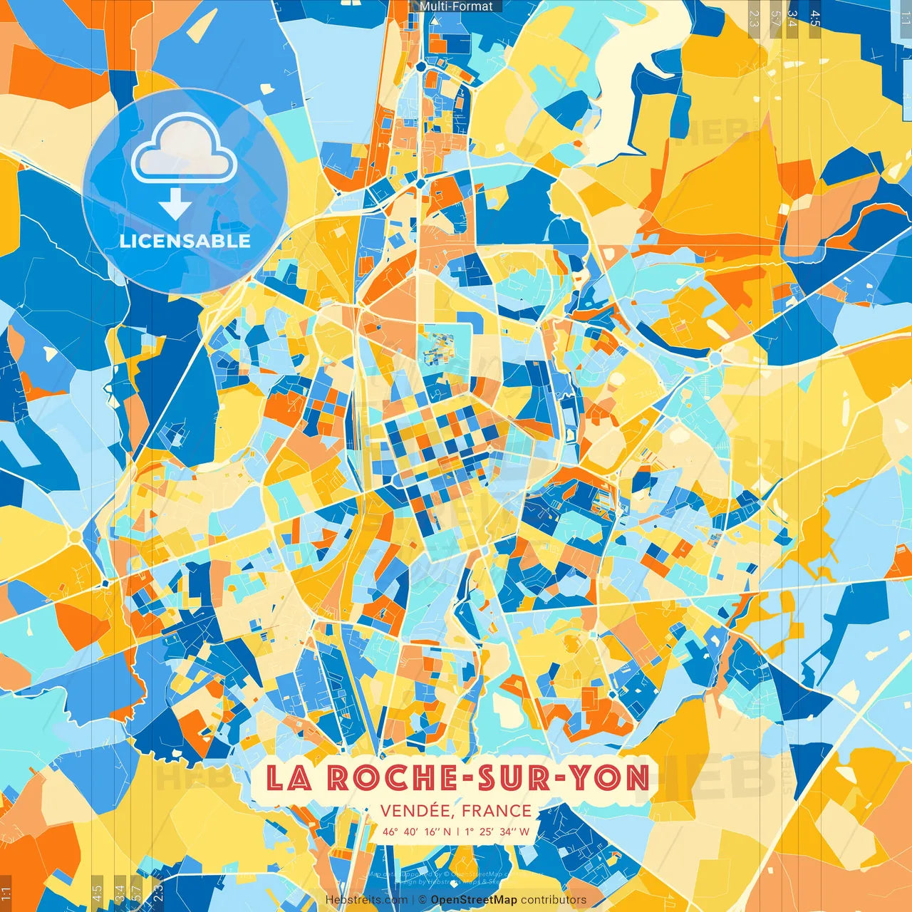 La Roche-sur-Yon, Vendée, France blue and orange vector art map template