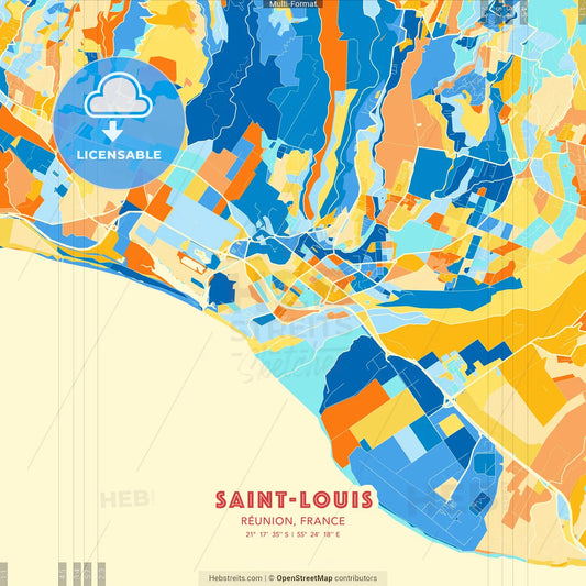 Saint-Louis, Réunion, France blue and orange vector art map template