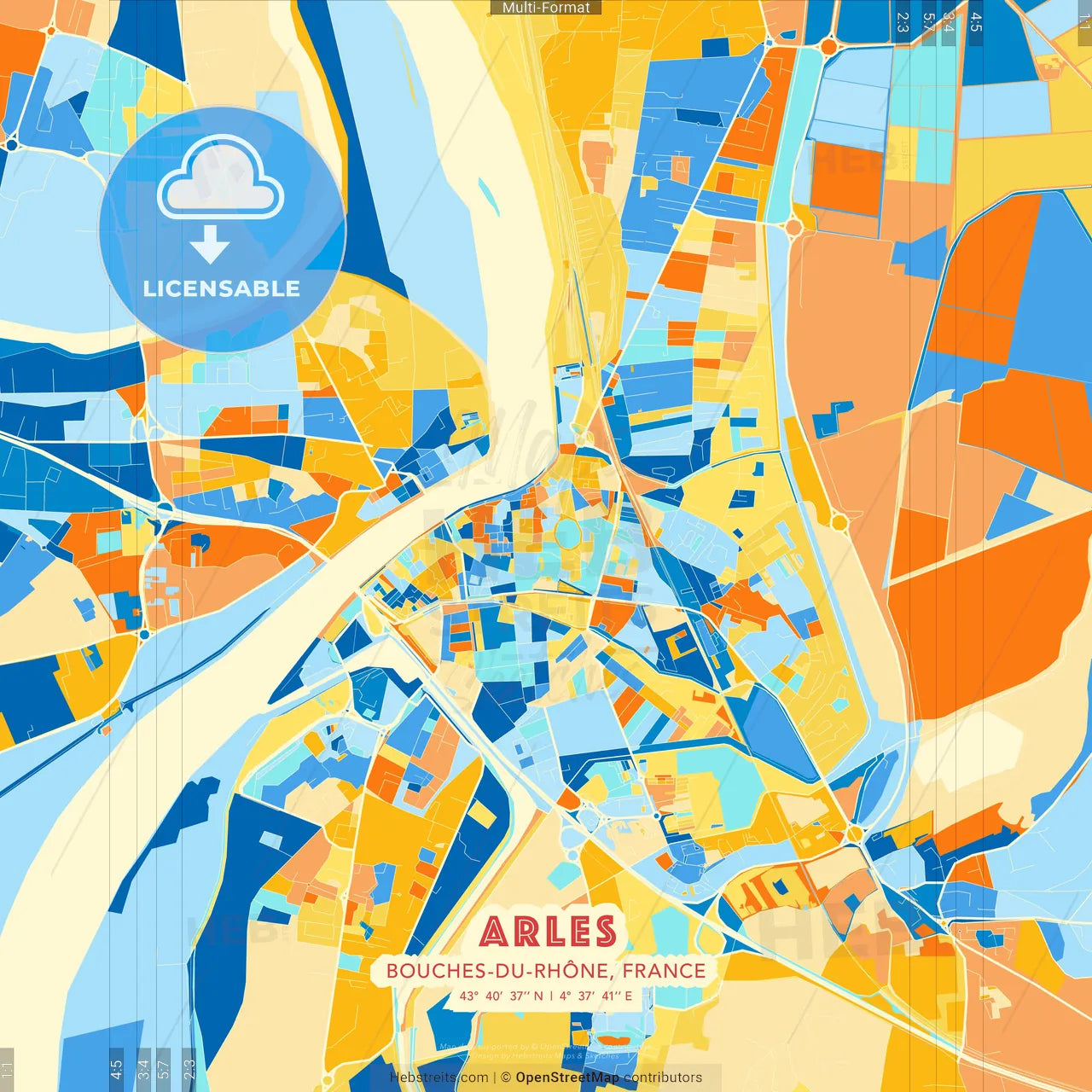 Arles, Bouches-du-Rhône, France blue and orange vector art map template