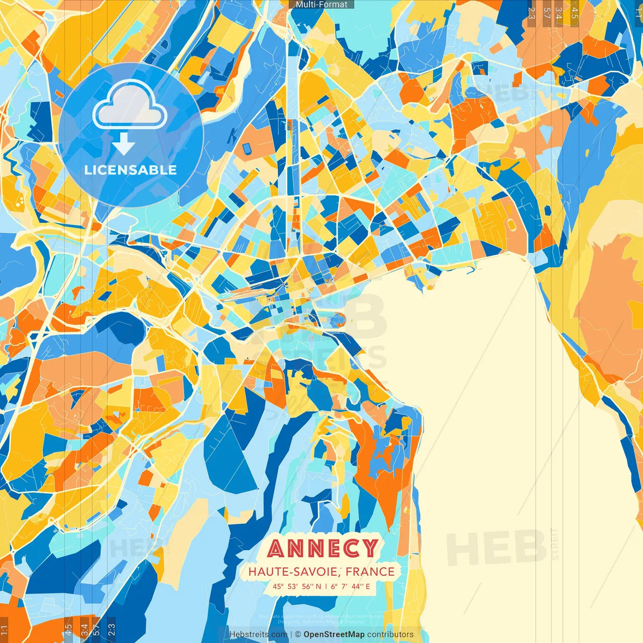 Annecy, Haute-Savoie, France blue and orange vector art map template