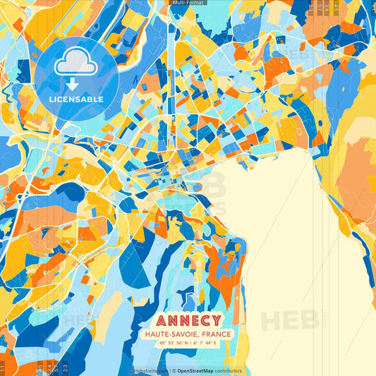 Annecy, Haute-Savoie, France blue and orange vector art map template