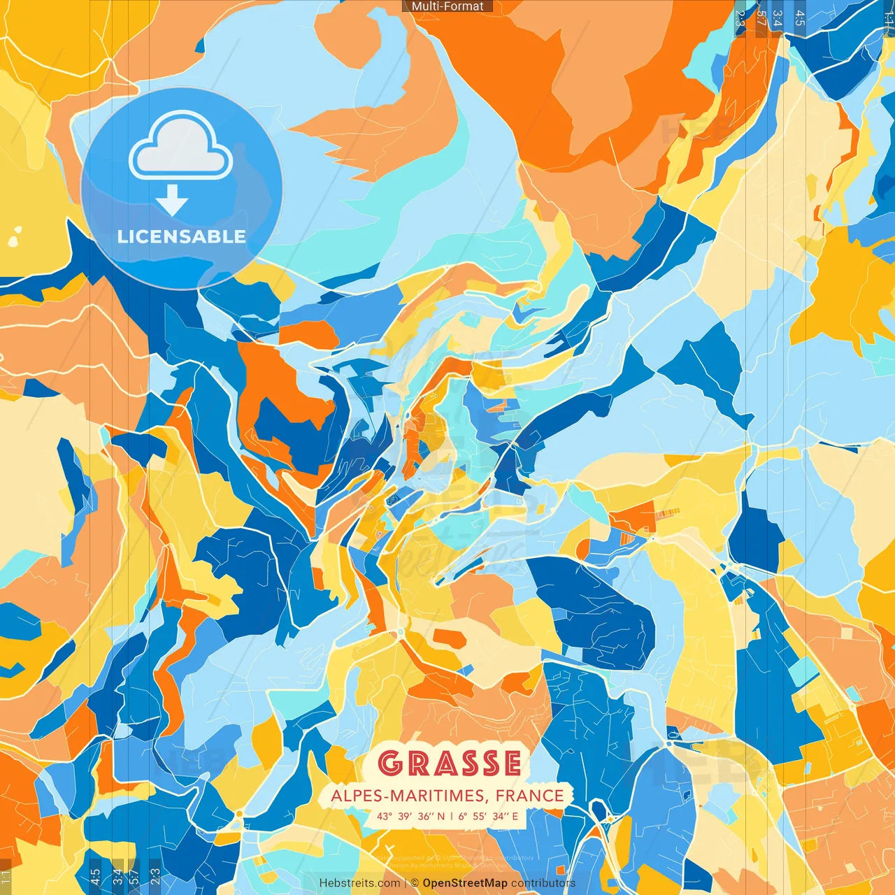 Grasse, Alpes-Maritimes, France blue and orange vector art map template