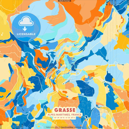 Grasse, Alpes-Maritimes, France blue and orange vector art map template