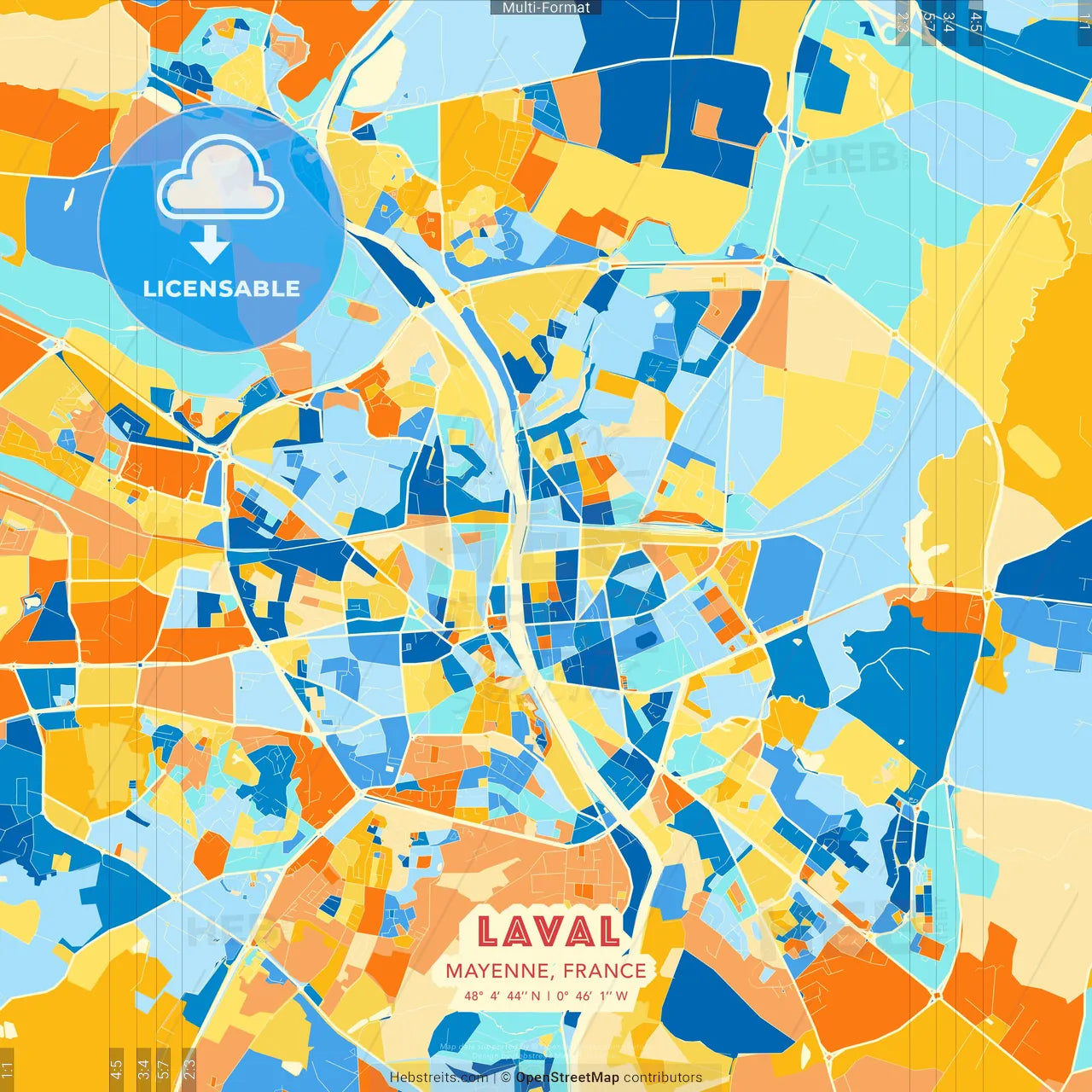 Laval, Mayenne, France blue and orange vector art map template