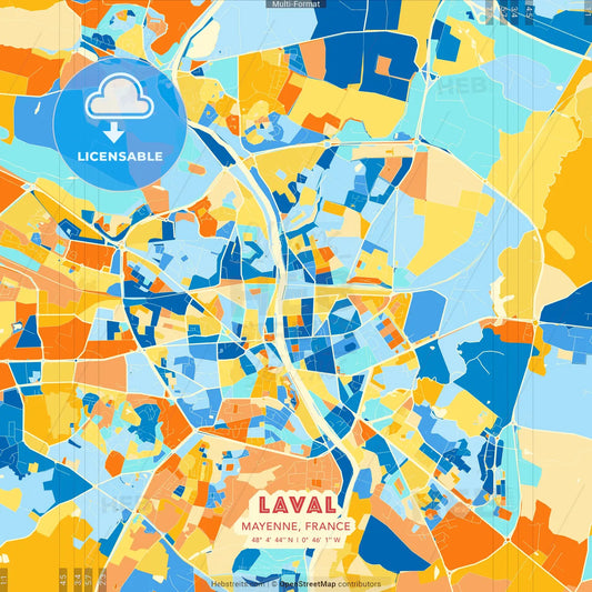 Laval, Mayenne, France blue and orange vector art map template